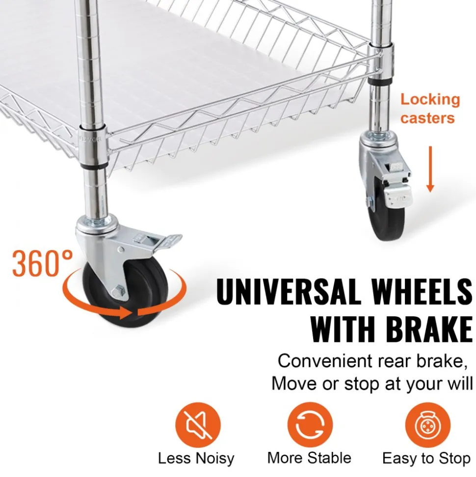 VEVOR Kitchen Utility Cart, 3 Tiers, Wire Rolling Cart with 661LBS Capacity, Steel Service Cart on Wheels, Metal Storage Trolley with 80mm Basket Curved Handle PP Liner 6 Hooks, for Indoor and Outdoor