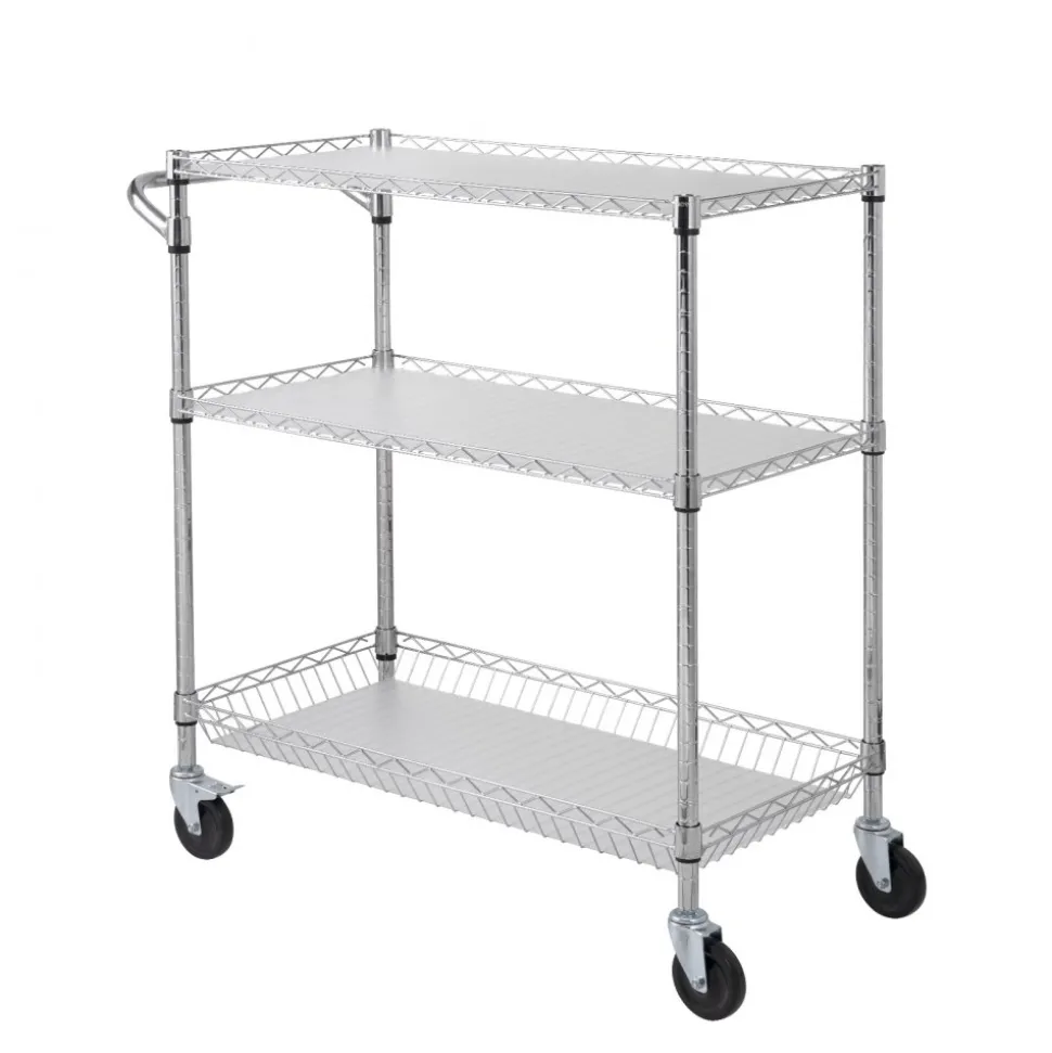VEVOR Kitchen Utility Cart, 3 Tiers, Wire Rolling Cart with 661LBS Capacity, Steel Service Cart on Wheels, Metal Storage Trolley with 80mm Basket Curved Handle PP Liner 6 Hooks, for Indoor and Outdoor