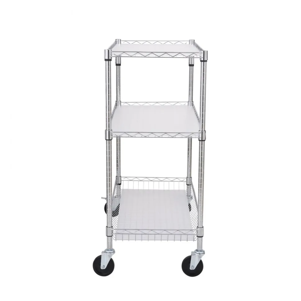 VEVOR Kitchen Utility Cart, 3 Tiers, Wire Rolling Cart with 661LBS Capacity, Steel Service Cart on Wheels, Metal Storage Trolley with 80mm Basket Curved Handle PP Liner 6 Hooks, for Indoor and Outdoor