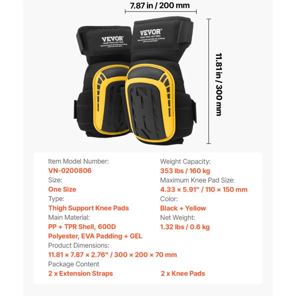 VEVOR Knee Pads for Work, Extended Heavy Duty Construction Knee Pads with 2 Extension Straps, Anti-slip Foam Gel Knee Pads, Men & Women, for Gardening Flooring Roofing and Cleaning, Yellow and Black