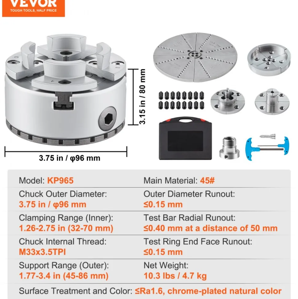 VEVOR KP965 Lathe Chuck, 4-Jaw 3.75" Diameter, Metal Lathe Chuck Turning Machine Accessories with 5 Sets of Jaws, Self-centering Tool, for Precision Machining, Grinding Machines, Milling Machines