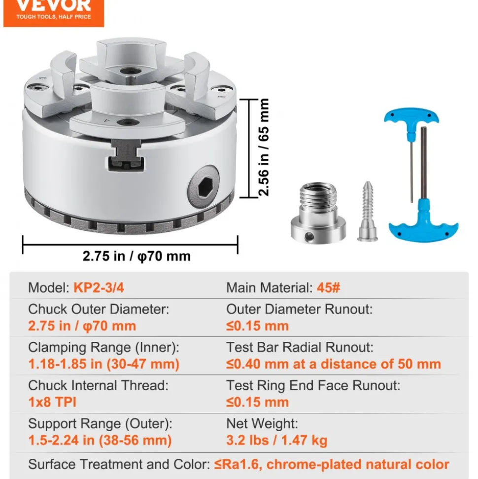 VEVOR KP2-3/4 Lathe Chuck, 4-Jaw 2.75" Diameter, Metal Lathe Chuck Turning Machine Accessories, Self-centering Tool, for Lathe, Precision Machining, Grinding Machines, Milling Machines