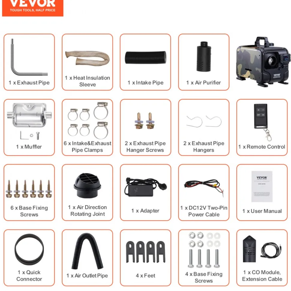 VEVOR 8KW Diesel Heater, 12V/24V All in One Diesel Air Heater, Bluetooth APP Control, Remote Control and Display Screen, CO Alarm, Fast Heating Horizontal Portable Diesel Heater for Vehicles, Garage
