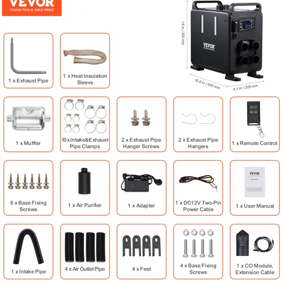 VEVOR 8KW Diesel Heater, 12V/24V All in One Diesel Air Heater, Bluetooth APP Control, Remote Control and Display Screen, CO Alarm, Fast Heating Vertical Portable Diesel Heater for Vehicles, Garage