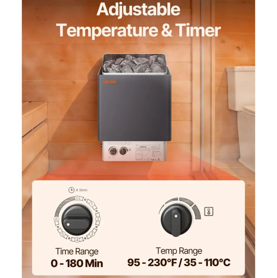 VEVOR 9KW Sauna Heater, Steam Bath Sauna Heater with Built-In Controls, Electric Sauna Stove, 3h Timer and Adjustable Temp for Max. 317-459 Cubic Feet, Home Hotel Spa Shower Use 220V