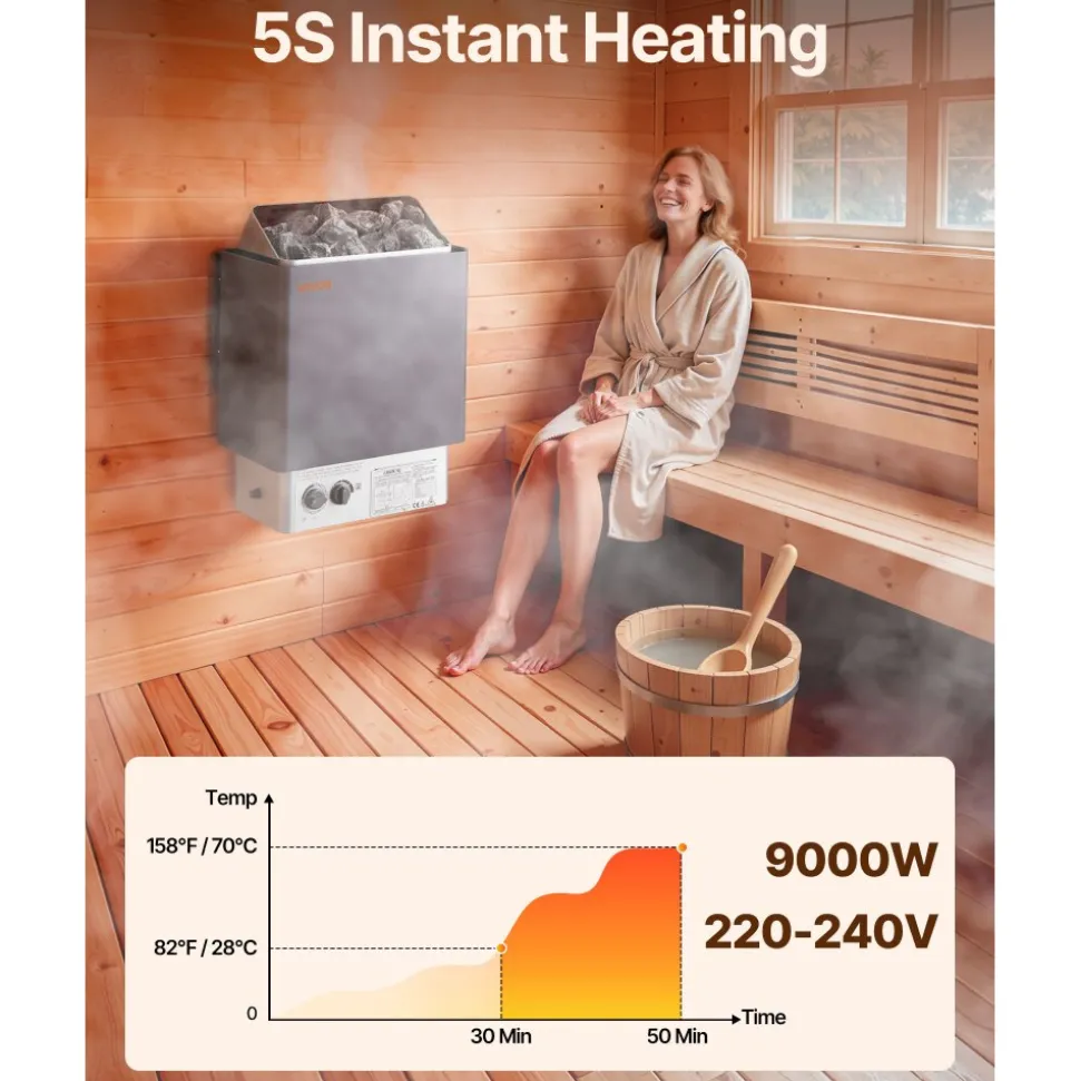 VEVOR 9KW Sauna Heater, Steam Bath Sauna Heater with Built-In Controls, Electric Sauna Stove, 3h Timer and Adjustable Temp for Max. 317-459 Cubic Feet, Home Hotel Spa Shower Use 220V
