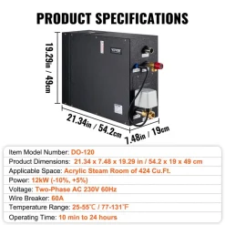 VEVOR 12KW Steam Shower Generator, Segmented Heating & Temperature Customization & 24h Timer Steam Kit, Automatic Drainage Home Steam Shower System Tested to UL Standards
