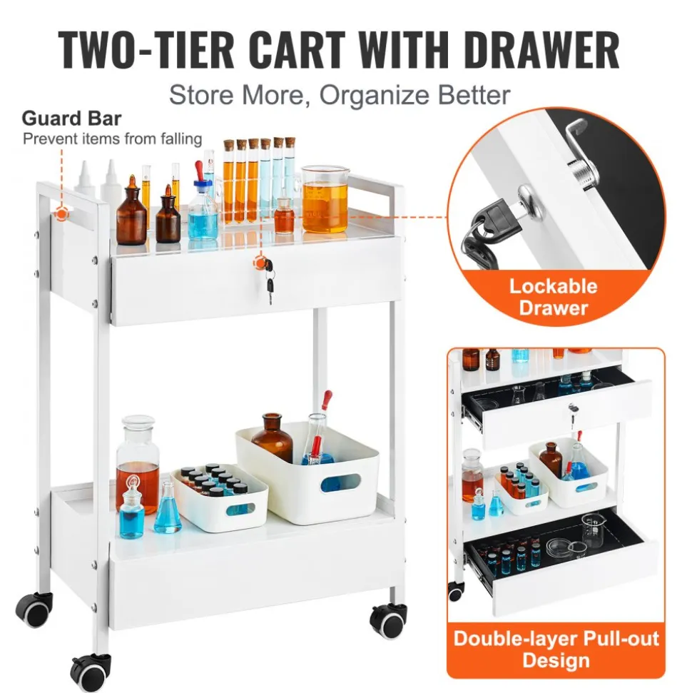 VEVOR Lab Cart, 2 Tiers Stainless Steel Utility Cart, Medical Cart with 2 Drawers, Rolling Lab Cart White Paint, Serving Cart with Swivel Casters for Laboratory, Hospital, Dental, Salon and Beauty
