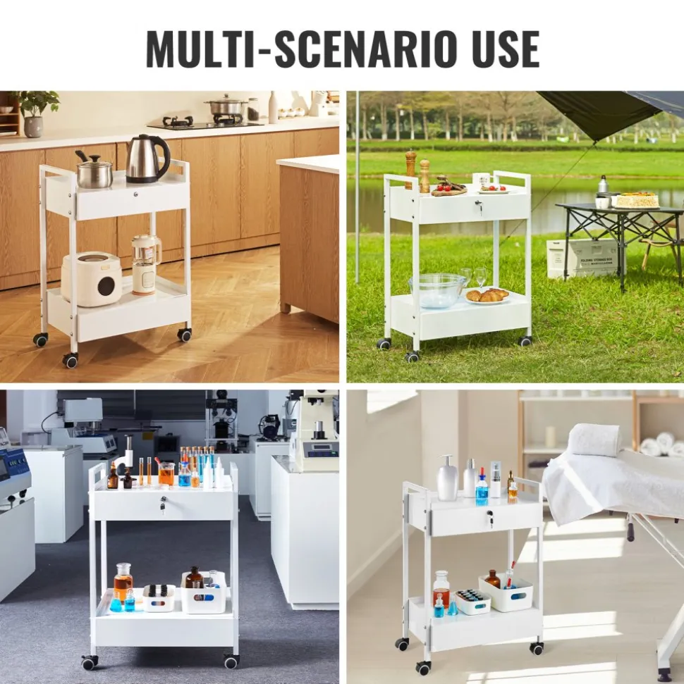 VEVOR Lab Cart, 2 Tiers Stainless Steel Utility Cart, Medical Cart with 2 Drawers, Rolling Lab Cart White Paint, Serving Cart with Swivel Casters for Laboratory, Hospital, Dental, Salon and Beauty