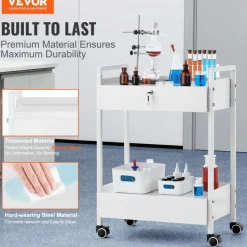 VEVOR Lab Cart, 2 Tiers Stainless Steel Utility Cart, Medical Cart with 2 Drawers, Rolling Lab Cart White Paint, Serving Cart with Swivel Casters for Laboratory, Hospital, Dental, Salon and Beauty