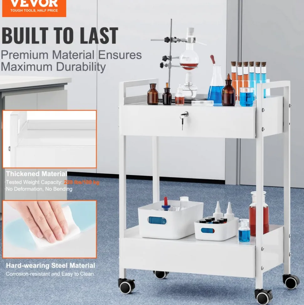 VEVOR Lab Cart, 2 Tiers Stainless Steel Utility Cart, Medical Cart with 2 Drawers, Rolling Lab Cart White Paint, Serving Cart with Swivel Casters for Laboratory, Hospital, Dental, Salon and Beauty