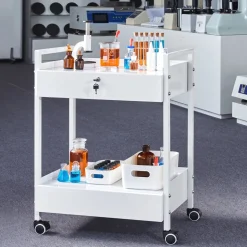 VEVOR Lab Cart, 2 Tiers Stainless Steel Utility Cart, Medical Cart with 2 Drawers, Rolling Lab Cart White Paint, Serving Cart with Swivel Casters for Laboratory, Hospital, Dental, Salon and Beauty