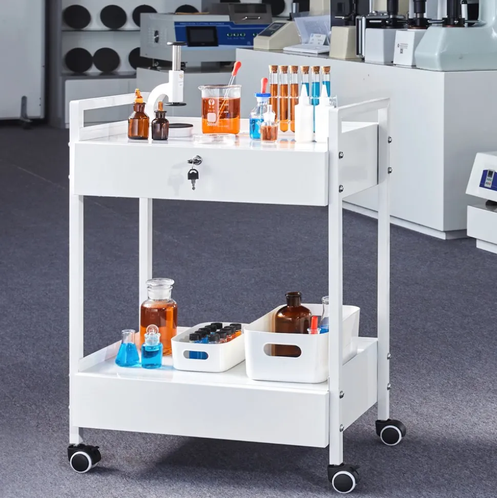 VEVOR Lab Cart, 2 Tiers Stainless Steel Utility Cart, Medical Cart with 2 Drawers, Rolling Lab Cart White Paint, Serving Cart with Swivel Casters for Laboratory, Hospital, Dental, Salon and Beauty