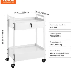 VEVOR Lab Cart, 2 Tiers Stainless Steel Utility Cart, Medical Cart with 2 Drawers, Rolling Lab Cart White Paint, Serving Cart with Swivel Casters for Laboratory, Hospital, Dental, Salon and Beauty