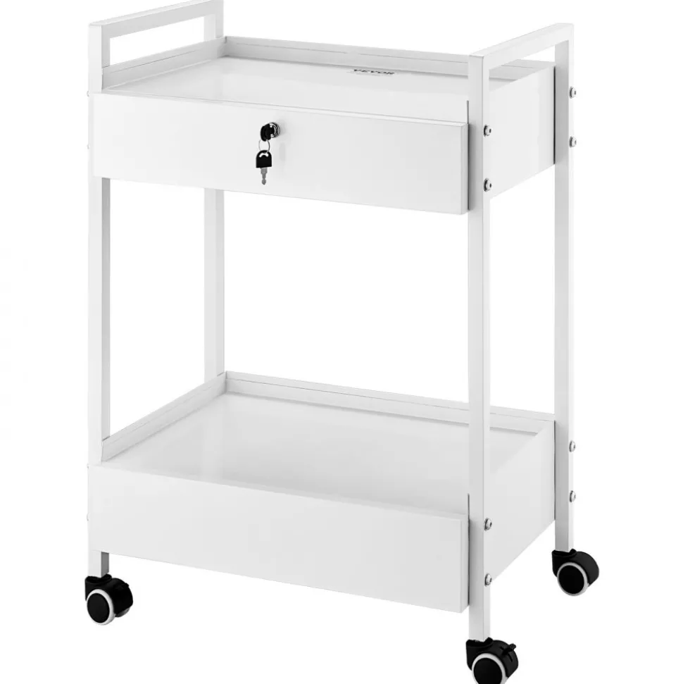 VEVOR Lab Cart, 2 Tiers Stainless Steel Utility Cart, Medical Cart with 2 Drawers, Rolling Lab Cart White Paint, Serving Cart with Swivel Casters for Laboratory, Hospital, Dental, Salon and Beauty