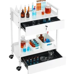 VEVOR Lab Cart, 2 Tiers Stainless Steel Utility Cart, Medical Cart with 2 Drawers, Rolling Lab Cart White Paint, Serving Cart with Swivel Casters for Laboratory, Hospital, Dental, Salon and Beauty