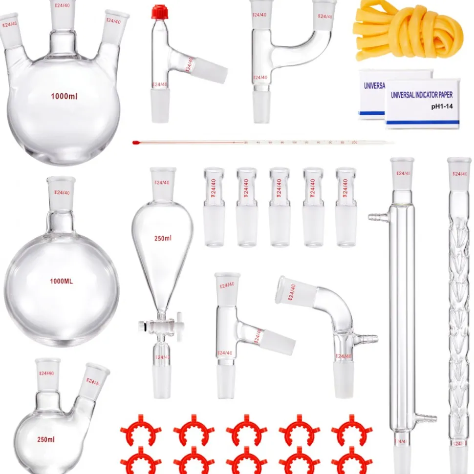 VEVOR Lab Distillation Kit, 3.3 Boro Lab Glassware Distillation Kit with 24, 40 Joint, 1000ml Essential Oil Distillation Apparatus Kit, 29 pcs Set of Glassware Equipment