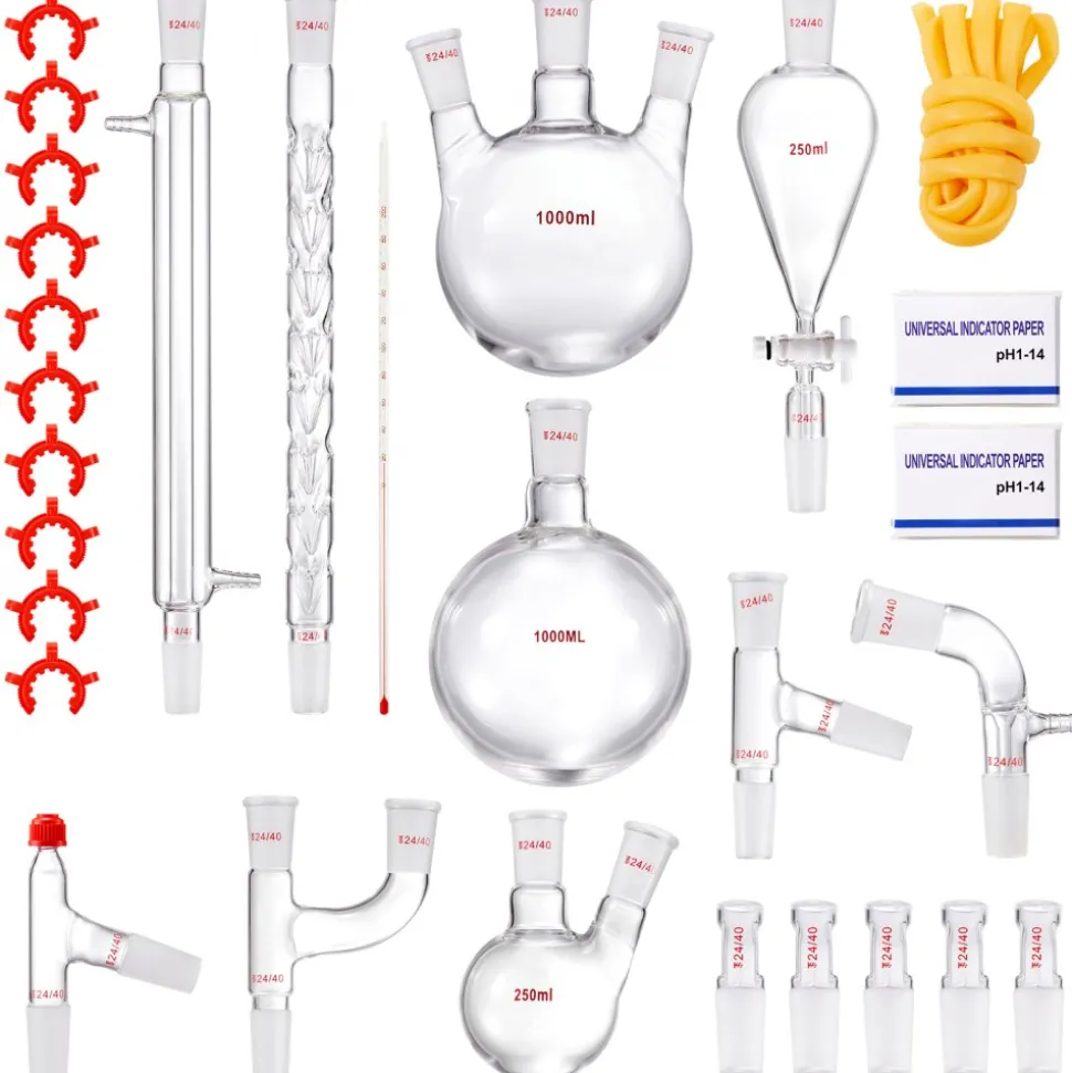 VEVOR Lab Distillation Kit, 3.3 Boro Lab Glassware Distillation Kit with 24, 40 Joint, 1000ml Essential Oil Distillation Apparatus Kit, 29 pcs Set of Glassware Equipment