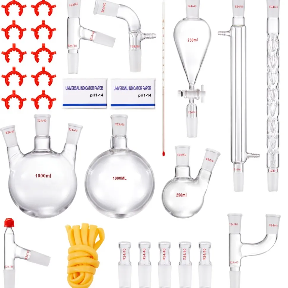 VEVOR Lab Distillation Kit, 3.3 Boro Lab Glassware Distillation Kit with 24, 40 Joint, 1000ml Essential Oil Distillation Apparatus Kit, 29 pcs Set of Glassware Equipment