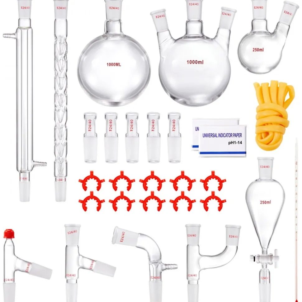 VEVOR Lab Distillation Kit, 3.3 Boro Lab Glassware Distillation Kit with 24, 40 Joint, 1000ml Essential Oil Distillation Apparatus Kit, 29 pcs Set of Glassware Equipment