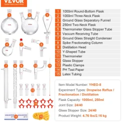 VEVOR Lab Distillation Kit, 3.3 Boro Lab Glassware Distillation Kit with 24, 40 Joint, 1000ml Essential Oil Distillation Apparatus Kit, 29 pcs Set of Glassware Equipment