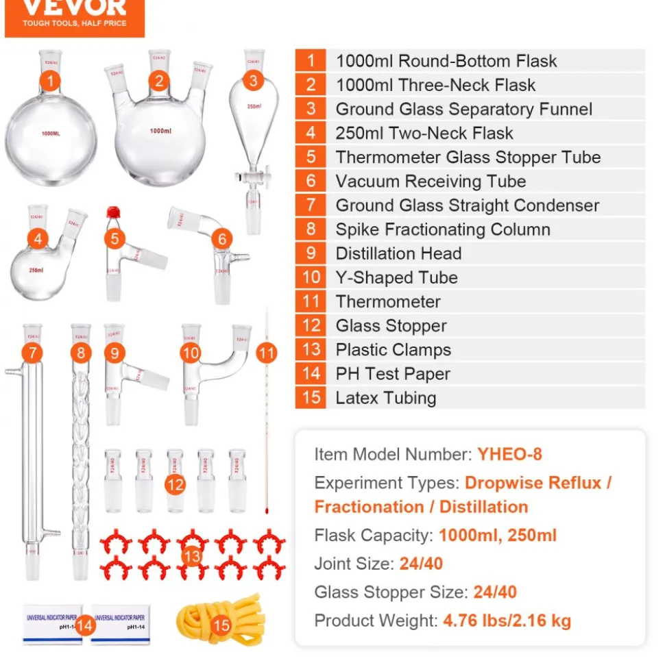 VEVOR Lab Distillation Kit, 3.3 Boro Lab Glassware Distillation Kit with 24, 40 Joint, 1000ml Essential Oil Distillation Apparatus Kit, 29 pcs Set of Glassware Equipment