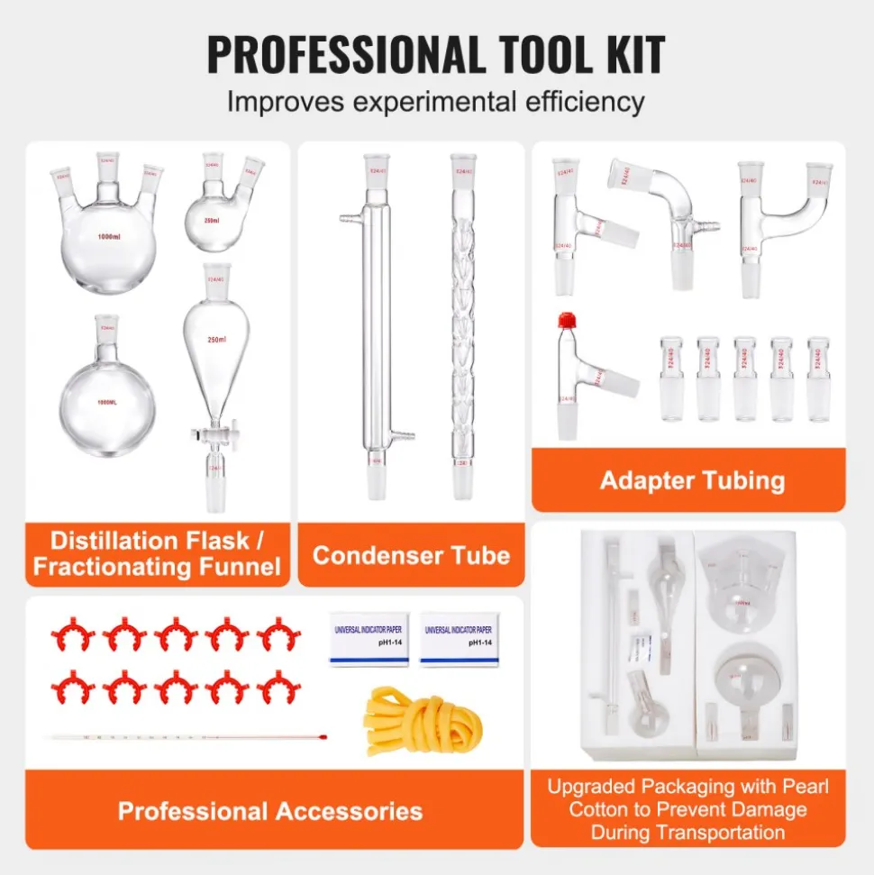 VEVOR Lab Distillation Kit, 3.3 Boro Lab Glassware Distillation Kit with 24, 40 Joint, 1000ml Essential Oil Distillation Apparatus Kit, 29 pcs Set of Glassware Equipment