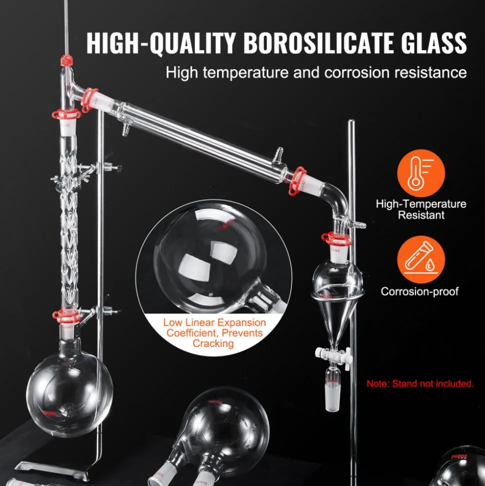 VEVOR Lab Distillation Kit, 3.3 Boro Lab Glassware Distillation Kit with 24, 40 Joint, 1000ml Essential Oil Distillation Apparatus Kit, 32 pcs Set of Glassware Equipment