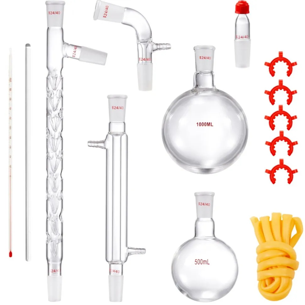 VEVOR Lab Distillation Kit, 3.3 Boro Lab Glassware Distillation Kit with 24, 40 Joint, 1000ml Essential Oil Distillation Apparatus Kit, 14 pcs Set of Glassware Equipment