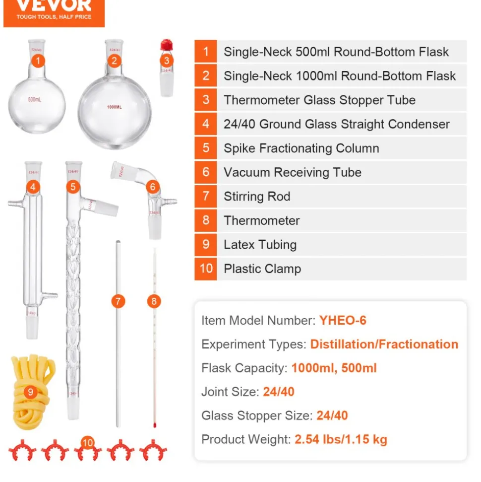VEVOR Lab Distillation Kit, 3.3 Boro Lab Glassware Distillation Kit with 24, 40 Joint, 1000ml Essential Oil Distillation Apparatus Kit, 14 pcs Set of Glassware Equipment