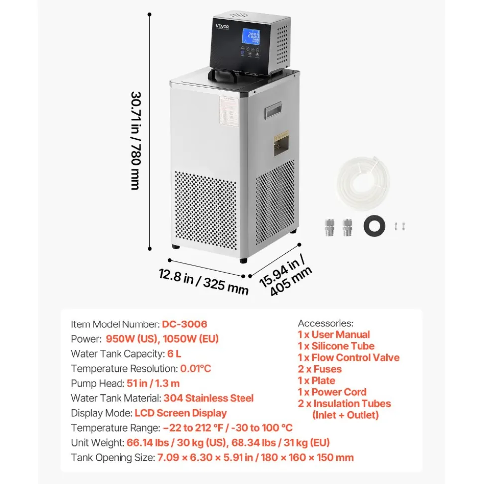 VEVOR Laboratory Chiller Circulator, -30℃-100℃, 6 L Internal and External Dual Circulation, Low Temperature Cooling Liquid Circulator Pump Chiller, Recirculating Chiller Water Bath for Laboratory