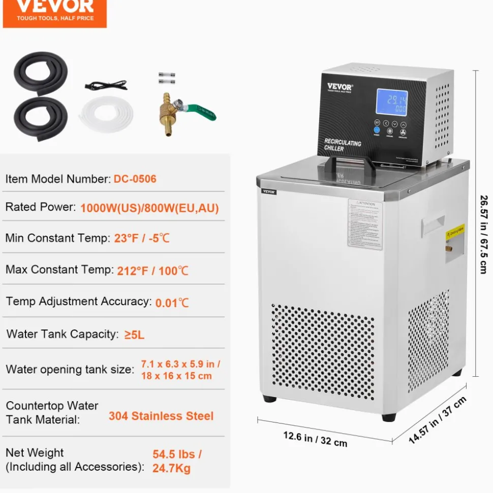 VEVOR Laboratory Chiller Circulator, 6L Chiller Lab Low Temperature Cooling Liquid, 23°F-212°F Circulator Pump Chiller, LCD Display, 304 Stainless Steel Water Bath Recirculating Water Cooling Chiller