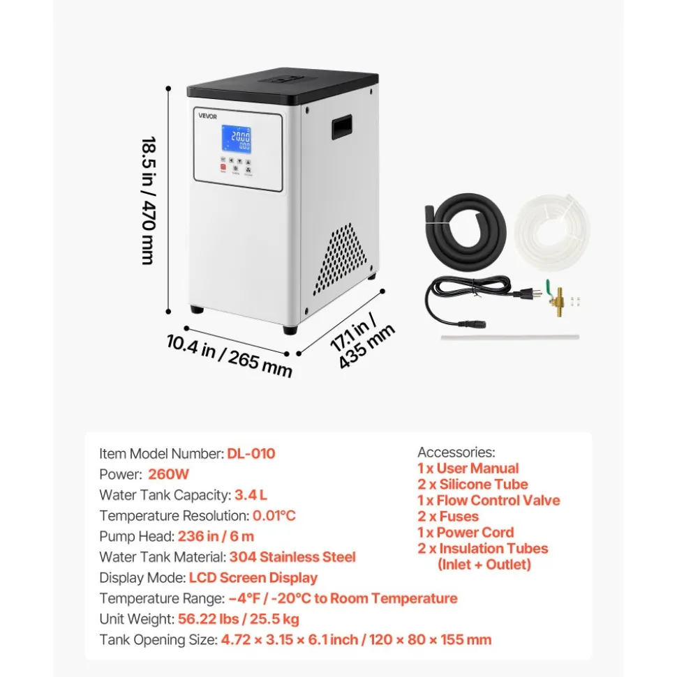 VEVOR Laboratory Chiller Circulator, -20℃ to Room Temperature, 3.4 L Internal and External Dual Circulation, Compatible with ≤2 L Rotary Evaporators for Condenser Reflux and Rapid Cooling