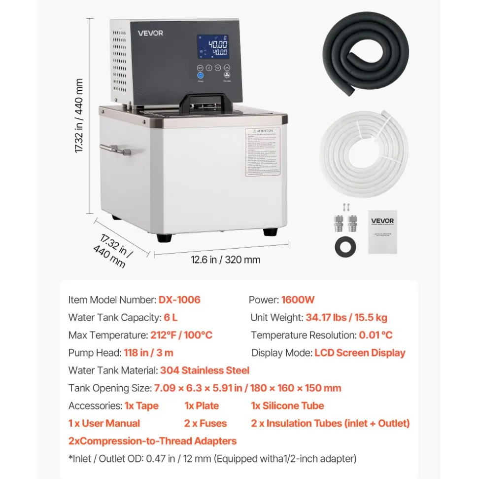 VEVOR Laboratory High-Temperature Circulating Oil Bath, Up to 100℃/212℉, 6 L Lab Constant Temperature Heating Tank, 0.05℃ High Precision, Internal and External Dual Circulation, for Laboratory