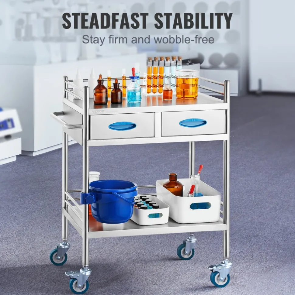VEVOR Lab Serving Cart, 2 Layers Stainless Steel Utility Rolling Cart, Medical Cart with Two Drawers, Dental Utility Cart with Lockable Wheels and A Bucket, for Laboratory, Hospital, Dental Use
