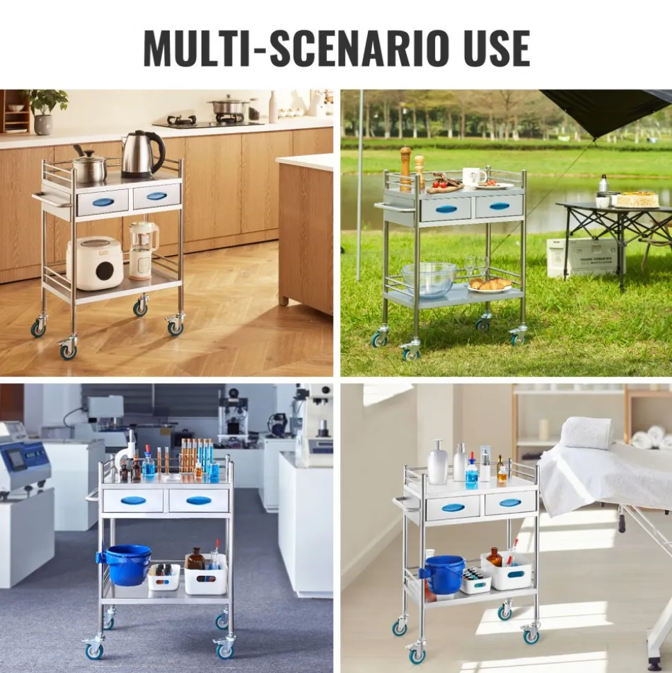 VEVOR Lab Serving Cart, 2 Layers Stainless Steel Utility Rolling Cart, Medical Cart with Two Drawers, Dental Utility Cart with Lockable Wheels and A Bucket, for Laboratory, Hospital, Dental Use