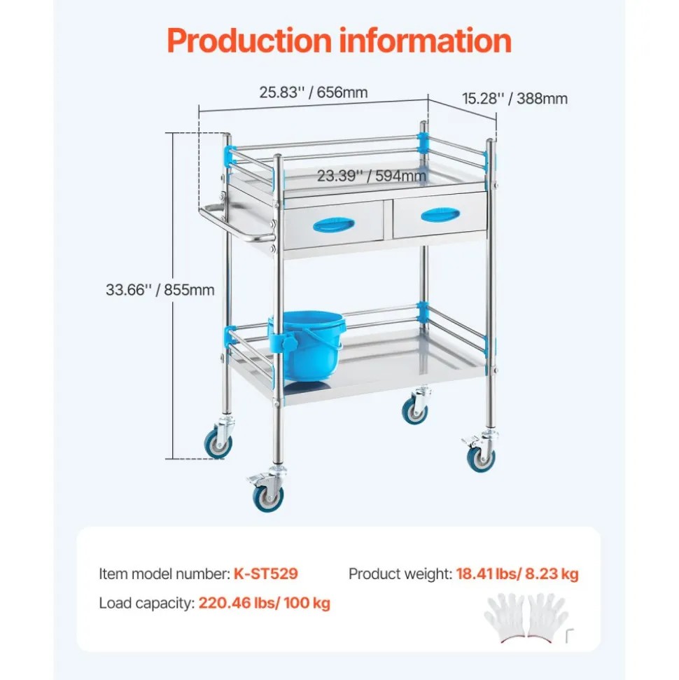 VEVOR Lab Serving Cart, 2 Layers Stainless Steel Utility Rolling Cart, Medical Cart with Two Drawers, Dental Utility Cart with Lockable Wheels and A Bucket, for Laboratory, Hospital, Dental Use