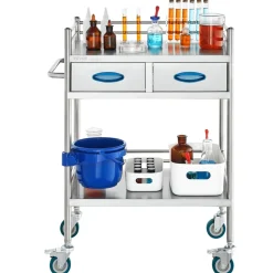 VEVOR Lab Serving Cart, 2 Layers Stainless Steel Utility Rolling Cart, Medical Cart with Two Drawers, Dental Utility Cart with Lockable Wheels and A Bucket, for Laboratory, Hospital, Dental Use
