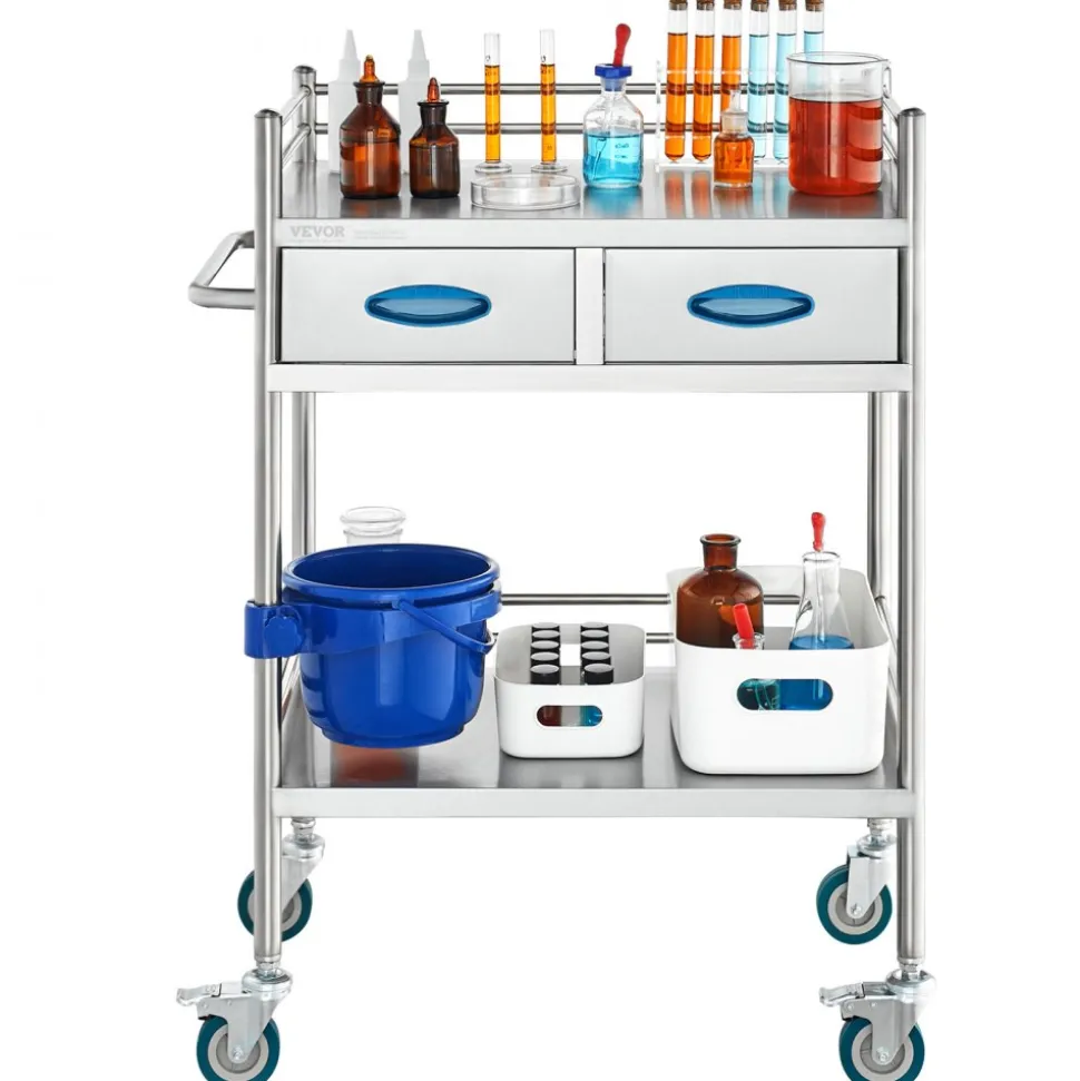 VEVOR Lab Serving Cart, 2 Layers Stainless Steel Utility Rolling Cart, Medical Cart with Two Drawers, Dental Utility Cart with Lockable Wheels and A Bucket, for Laboratory, Hospital, Dental Use