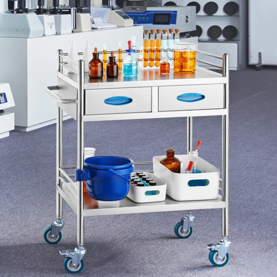 VEVOR Lab Serving Cart, 2 Layers Stainless Steel Utility Rolling Cart, Medical Cart with Two Drawers, Dental Utility Cart with Lockable Wheels and A Bucket, for Laboratory, Hospital, Dental Use