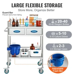 VEVOR Lab Serving Cart, 2 Layers Stainless Steel Utility Rolling Cart, Medical Cart with Two Drawers, Dental Utility Cart with Lockable Wheels and A Bucket, for Laboratory, Hospital, Dental Use