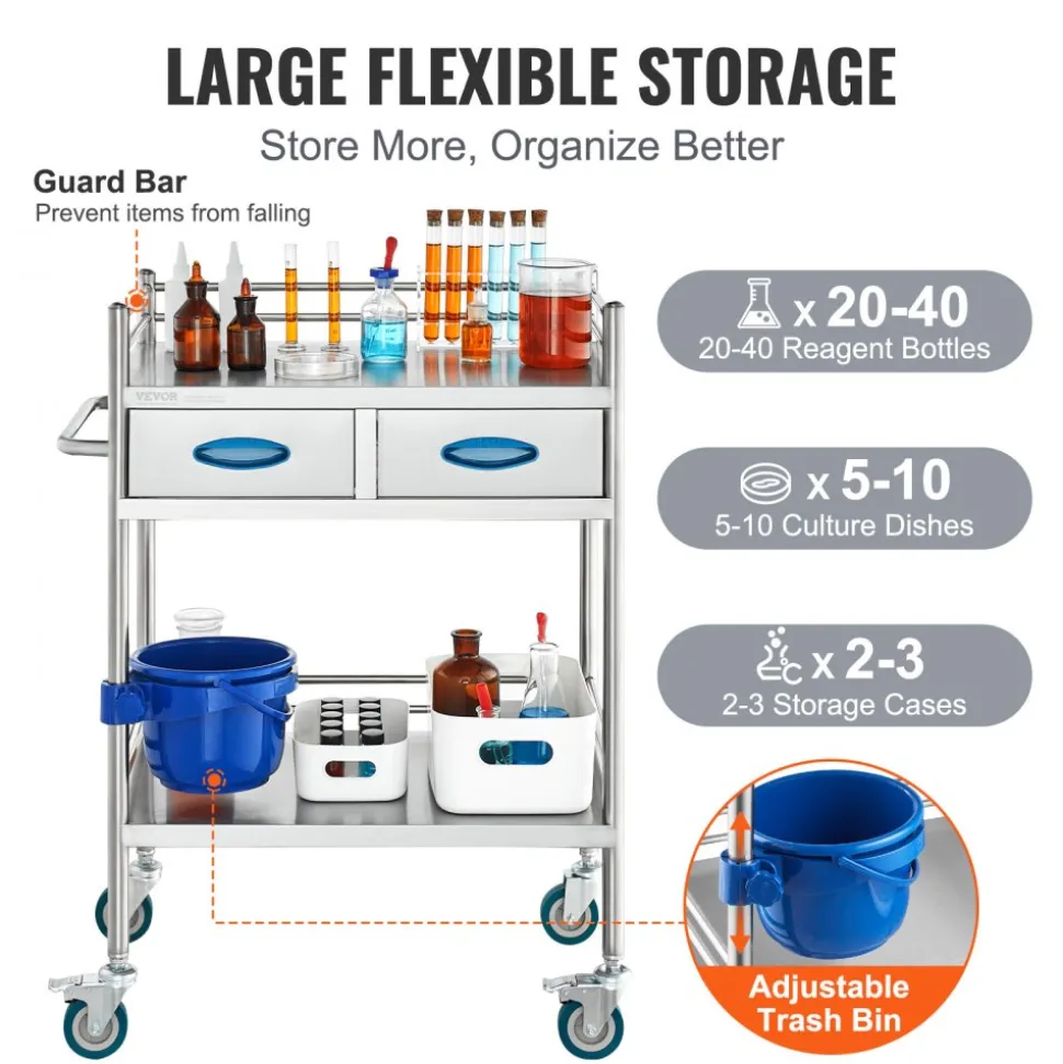 VEVOR Lab Serving Cart, 2 Layers Stainless Steel Utility Rolling Cart, Medical Cart with Two Drawers, Dental Utility Cart with Lockable Wheels and A Bucket, for Laboratory, Hospital, Dental Use