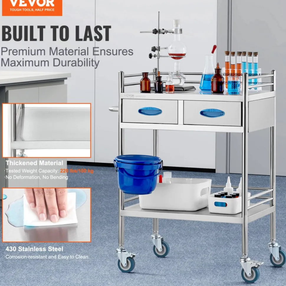 VEVOR Lab Serving Cart, 2 Layers Stainless Steel Utility Rolling Cart, Medical Cart with Two Drawers, Dental Utility Cart with Lockable Wheels and A Bucket, for Laboratory, Hospital, Dental Use
