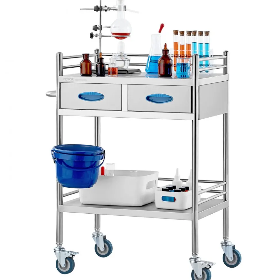 VEVOR Lab Serving Cart, 2 Layers Stainless Steel Utility Rolling Cart, Medical Cart with Two Drawers, Dental Utility Cart with Lockable Wheels and A Bucket, for Laboratory, Hospital, Dental Use