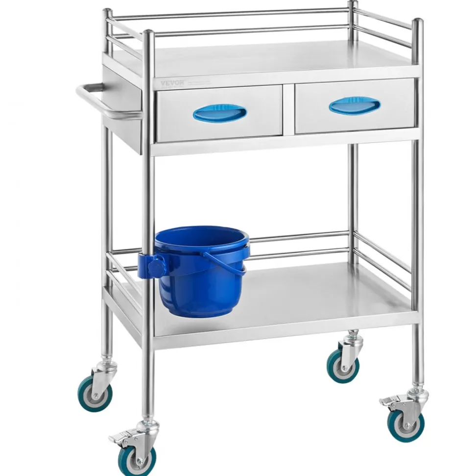 VEVOR Lab Serving Cart, 2 Layers Stainless Steel Utility Rolling Cart, Medical Cart with Two Drawers, Dental Utility Cart with Lockable Wheels and A Bucket, for Laboratory, Hospital, Dental Use
