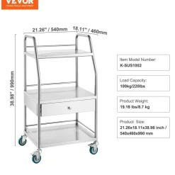 VEVOR Lab Serving Cart, 3 Layers Stainless Steel Utility Rolling Cart, Medical Cart with A Drawer, Dental Utility Cart with Lockable Wheels, for Laboratory, Hospital, Dental Use