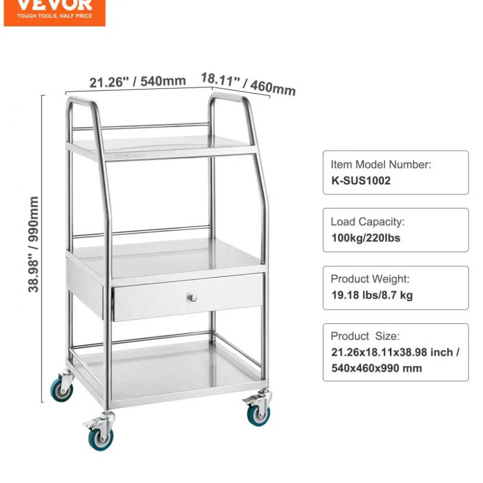 VEVOR Lab Serving Cart, 3 Layers Stainless Steel Utility Rolling Cart, Medical Cart with A Drawer, Dental Utility Cart with Lockable Wheels, for Laboratory, Hospital, Dental Use
