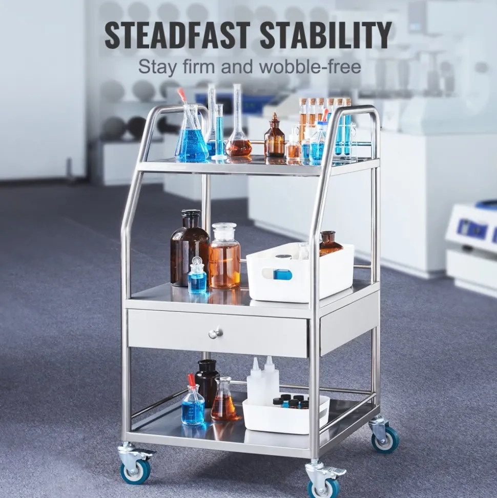 VEVOR Lab Serving Cart, 3 Layers Stainless Steel Utility Rolling Cart, Medical Cart with A Drawer, Dental Utility Cart with Lockable Wheels, for Laboratory, Hospital, Dental Use