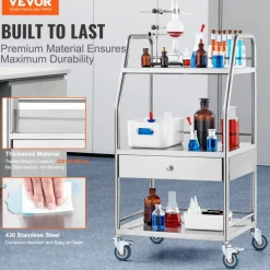 VEVOR Lab Serving Cart, 3 Layers Stainless Steel Utility Rolling Cart, Medical Cart with A Drawer, Dental Utility Cart with Lockable Wheels, for Laboratory, Hospital, Dental Use