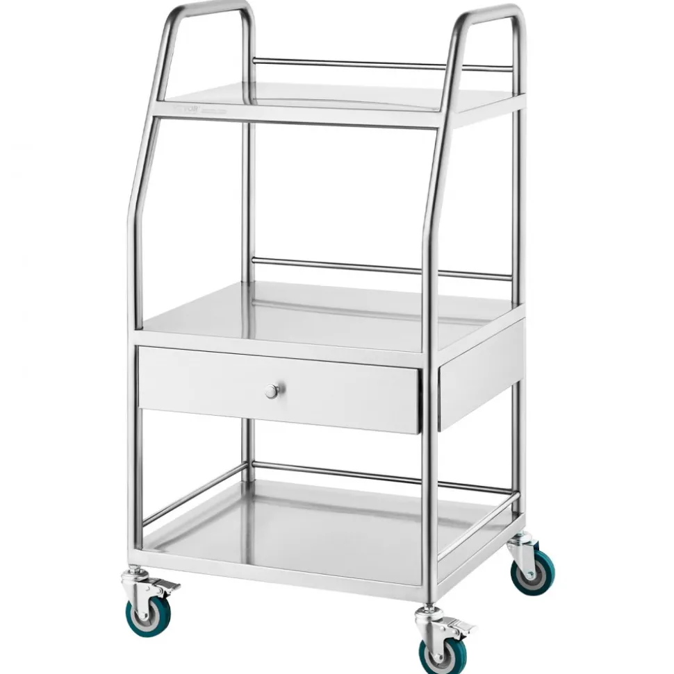 VEVOR Lab Serving Cart, 3 Layers Stainless Steel Utility Rolling Cart, Medical Cart with A Drawer, Dental Utility Cart with Lockable Wheels, for Laboratory, Hospital, Dental Use